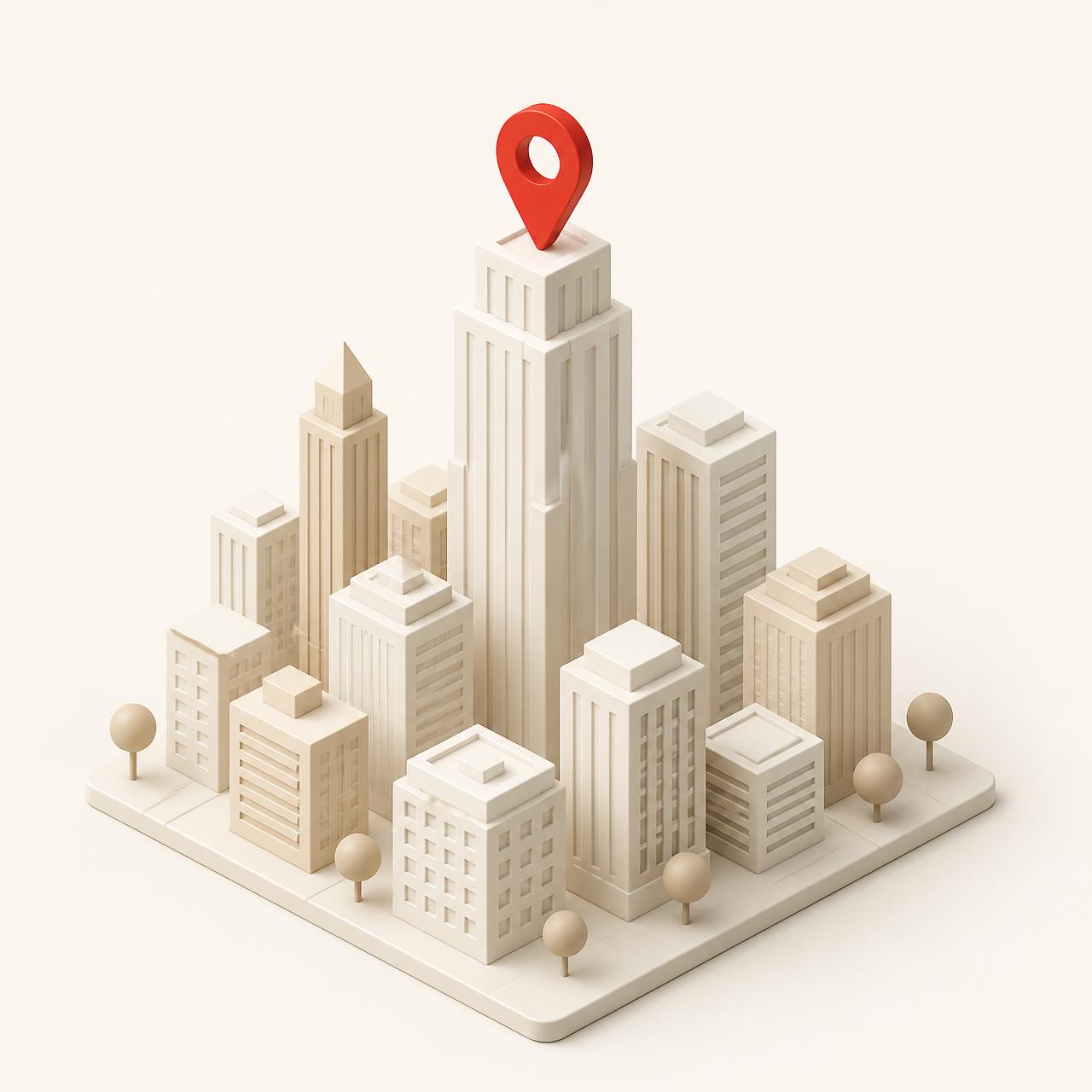 A city skyline illustration with a local SEO map pin marking a business location